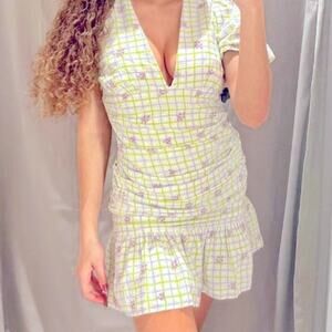 Zara Green and Purple Floral Plaid Puff Sleeve Mini Dress Size Small and Medium